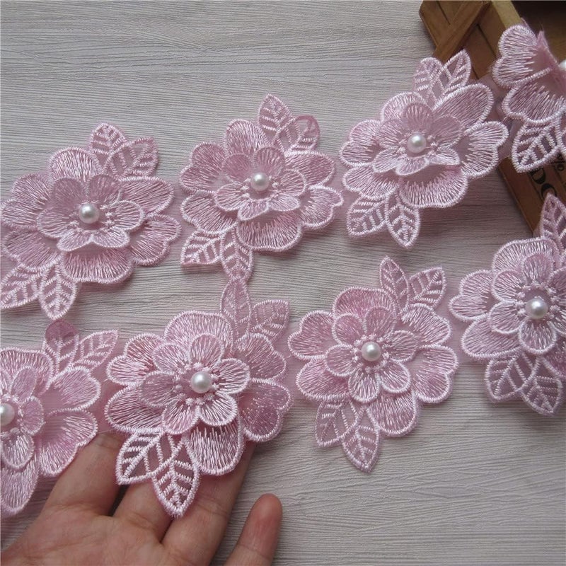 SHBBON 2 Yards 3D Flower Lace Trim Pearl Embroidered Polyester Lace Ribbon Fabric Applique Patchwork for Wedding Dress Handmade DIY Sewing Craft Supplies Decoration (Pink) - Image 4